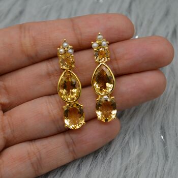 Pearl, Citrine Teardrop Gold Earrings, 4 of 8