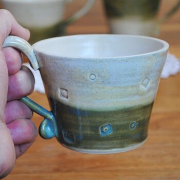 Stoneware Handmade Mug Green And Cream Stripe, 6 of 9