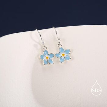 Sterling Silver Dainty Enamel Forget Me Not Flower Drop Hook Earrings, 6 of 10