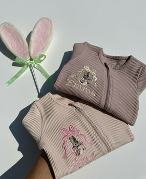 Easter Bunny Personalised Baby Zip Sleepsuit | Newborn Essentials Design #E1, 3 of 9