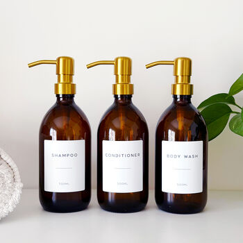Set Of Three Amber Bathroom Bottles Choice Of Metal Pump Colour, 6 of 11