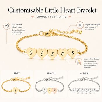 Personalise Multi Hearts Silver Gold Rose Gold Bracelet Initials Engraved, 2 of 11