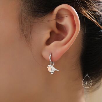 Robin Bird Dangle Huggie Hoops In Sterling Silver, 2 of 11