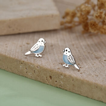 Sterling Silver Blue Enamel Budgie Stud Earrings, 3 of 11