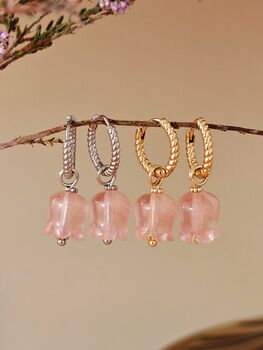 Natural Rose Quartz Lily Twisted Huggie Hoop Earrings, 7 of 10