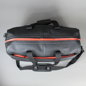 Black Leather Wide Opening Weekend Bag With Orange Zip, 8 of 9
