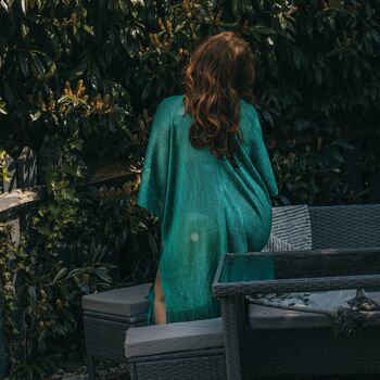 Turquoise Viscose Metallic Tassel Kimono Beach Cover Up, 3 of 3