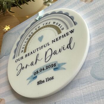 Personalised Blue Rainbow New Baby Any Relation Greeting Card, 2 of 3