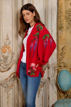 Wisteria And Chrysanthemum Red Fully Lined Embroidered Short Kimono, 4 of 7