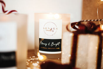 Merry And Bright Candle, Wood Wick, Handmade In UK, 5 of 5