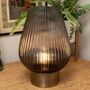 Elegant Battery Powered Ridged Blue Glass Table Lamp With Brass Base, thumbnail 1 of 4
