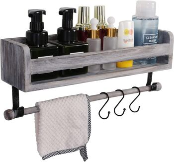 Wooden Grey Floating Shelves With Eight Hooks, 8 of 12