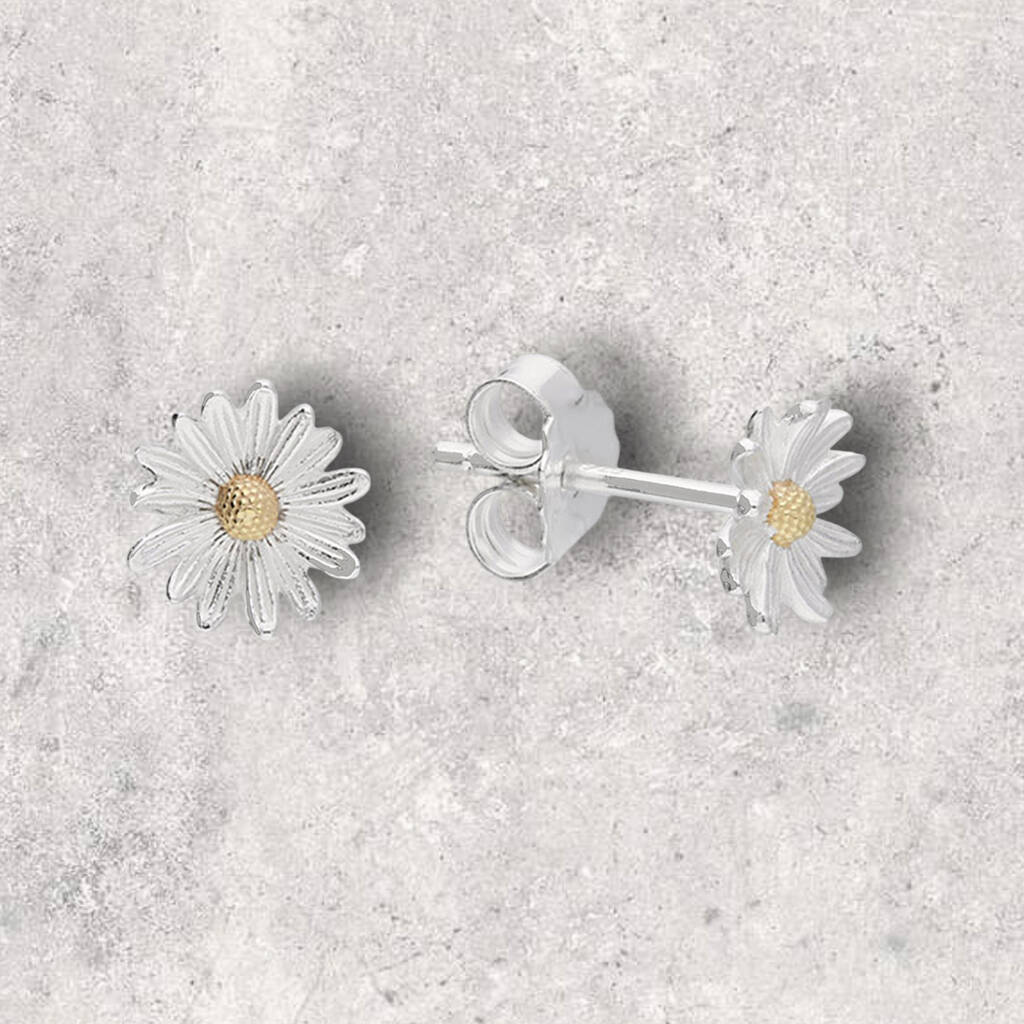 Daisy Flower Stud Earrings In Sterling Silver By Songs of Ink and Steel