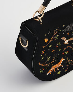 Fox And Owl Embroidered Black Top Handle Saddle Bag, 7 of 8