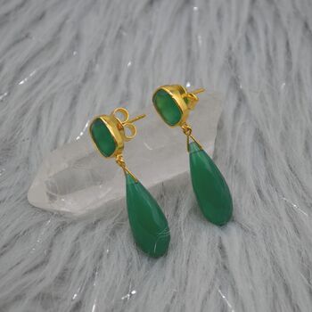 Green Onyx Gold Plated Sterling Silver Drop Earrings, 5 of 9