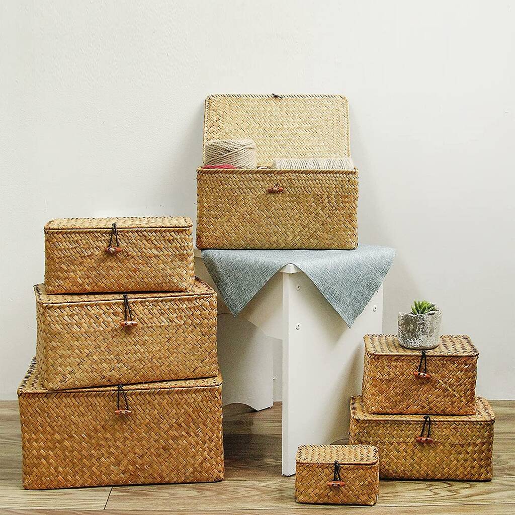 Set Of Three Basket With Lid Seagrass Storage Baskets, 1 of 7