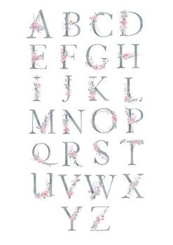 Personalised Floral Grey Alphabet Nursery Print, 6 of 8