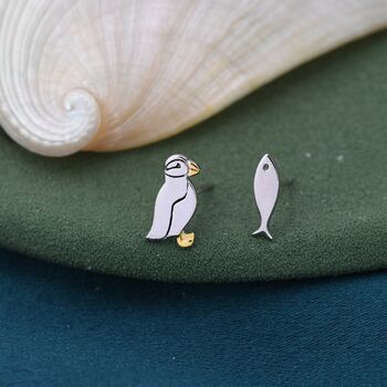 Mismatched Puffin Bird And Fish Stud Earrings, 3 of 9