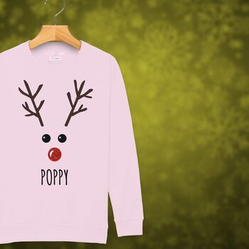 Rudolph The Reindeer Personalised Kids Sweatshirt Christmas Jumper, 4 of 12