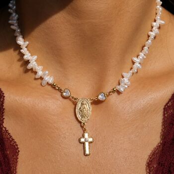 Handmade Freshwater Irregular Pearl Rosary Choker With Cross Charm, 7 of 9
