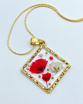 Square Pendant Necklace With Poppies And Gypsophila, 2 of 7