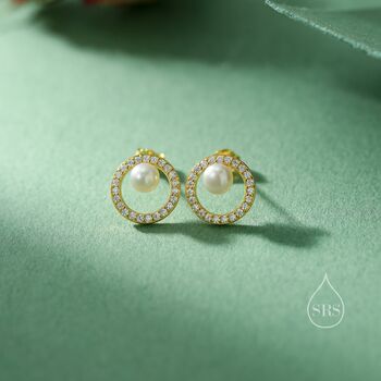 Sterling Silver Pave Circle With Natural Pearls Stud Earrings, 6 of 12