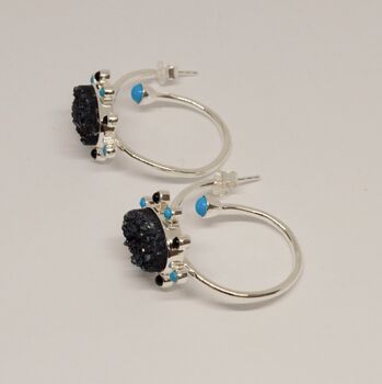 Black Onyx, Agate, Turquoise, Sterling Silver Hoop Earrings, 5 of 8