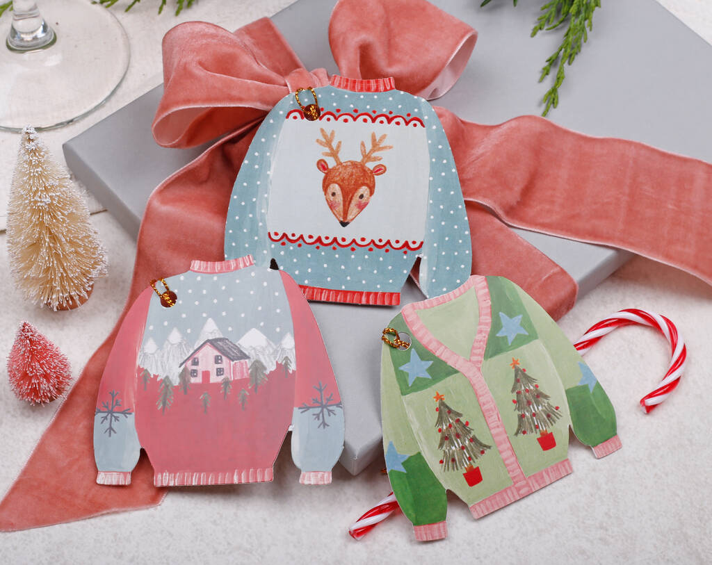 12 Christmas Gift Tags With Cute Christmas Jumper Design And Gold Twine, 1 of 4