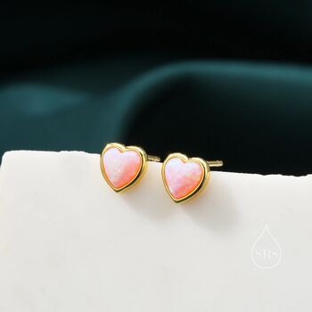 Sterling Silver Pink Opal Heart Screw Back Earrings, 3 of 10