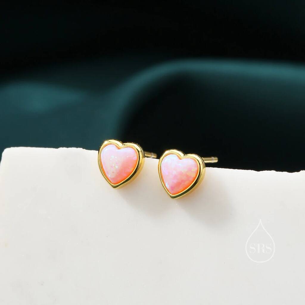 Sterling Silver Pink Opal Heart Screw Back Earrings By Silver Rain Silver