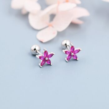 Sterling Silver Ruby Pink Cz Flower Barbell Earrings, 6 of 11