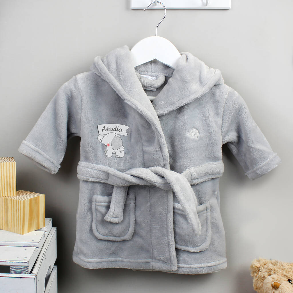 Personalised Elephant Grey Hooded Baby Dressing Gown, 1 of 4
