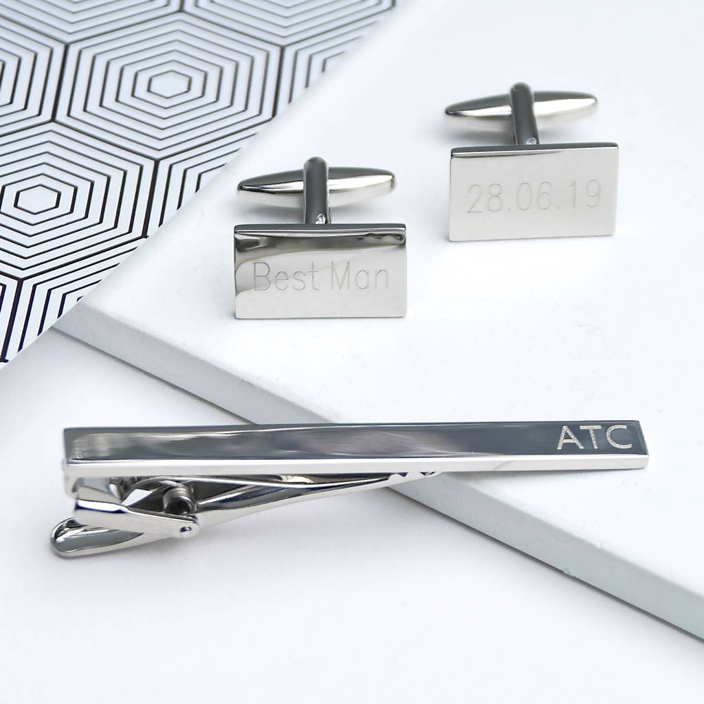 Kooer Custom Personalized Cufflinks & Tie Clip Set Wedding Jewelry Cufflinks Engraved Gifts for Men 