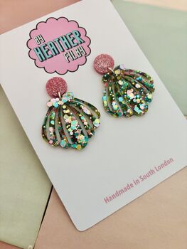 Statement Shell Glitter Resin Earrings / Mermaidcore Jewellery / Beach Holiday Statement / Summer Vacation Jewellery, 11 of 12