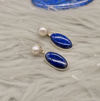 Lapis Lazuli, Pearl Sterling Silver Earrings, 2 of 7