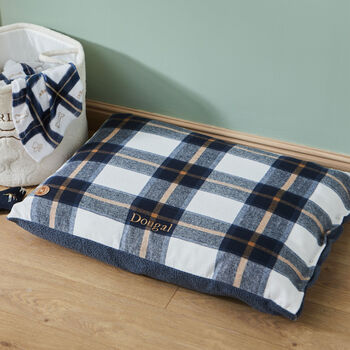 Personalised Deep Duvet Navy Check Medium Dog Bed, 2 of 5