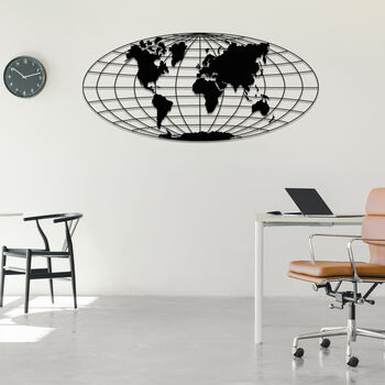 Round Wooden World Map Wall Art Geometric Globe Decor, 3 of 9