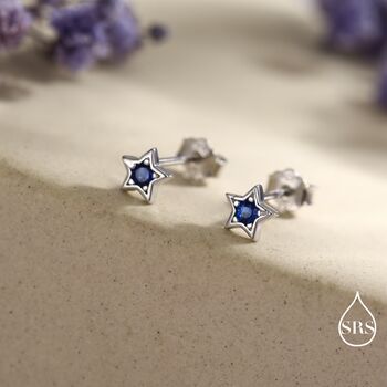 Tiny Sapphire Blue Cz Star Stud Earrings In Sterling Silver, 2 of 12