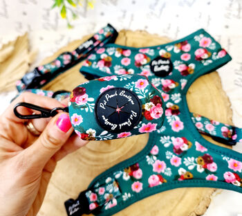 Vintage Clover Green Peonies Dog Harness, 11 of 12
