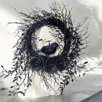 Spooky Raven Black Twig Halloween Wreath, 2 of 7