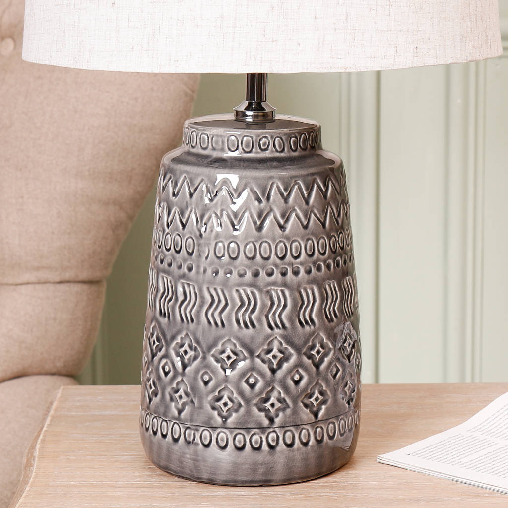 Grey Moroccan Ceramic Table Lamp With Beige Linen Shade By Dibor