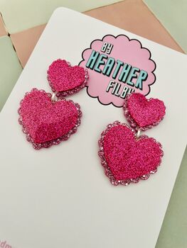 Twice The Love Pink Double Heart Glitter Resin Earrings, 3 of 6