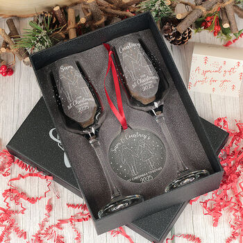Pair Of 1st Christmas As A Couple Champagne Flutes And Decoration, 2 of 7