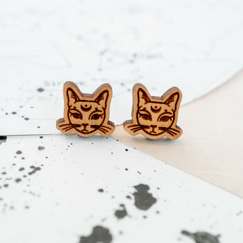 Wooden Mystic Cat Stud Earrings, 2 of 3