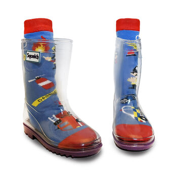 Squelch Transparent Wellies And Three Sock Set Fox, 7 of 8