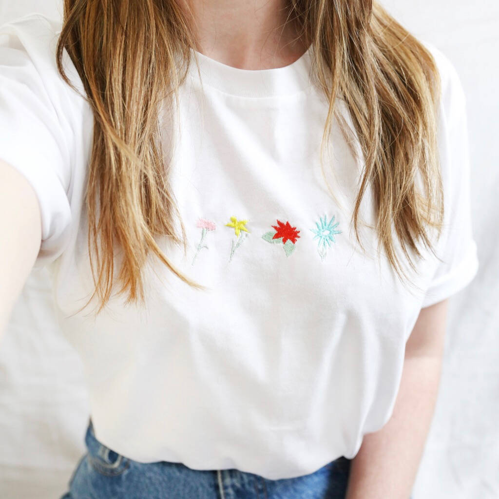 Personalised Embroidered Birth Flowers T Shirt In White By Lisa Angel ...