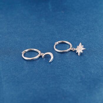 925 Sterling Silver Moon And Star Mismatched Hoop Earrings, 4 of 7