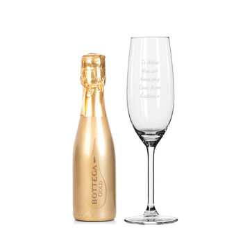 Personalised Prosecco Gift Set With Engraved Champagne Flute – Mini Gold Bottega, 2 of 3