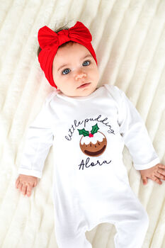 Little Pudding Embroidered Personalised Christmas Babygro Sleepsuit, 4 of 7