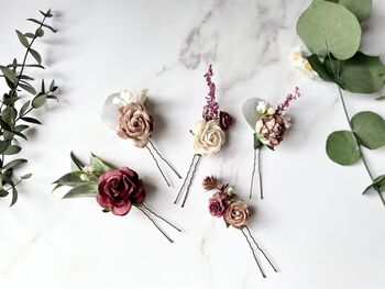 Burgundy, Rose Taupe And White Flower Hair Pins, 5 of 6